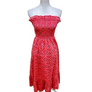 Naudic coral strapless smocked midi Dress floral front pockets metallic size xs